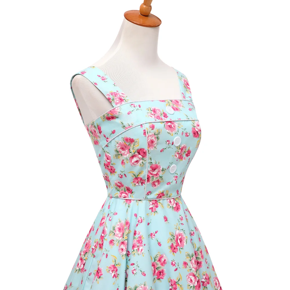 

JLI MAY Vintage 50s Print Floral Dress Women Hepburn style Sleeveless Midi Button Tank Summer sundress Elegant Evening Party
