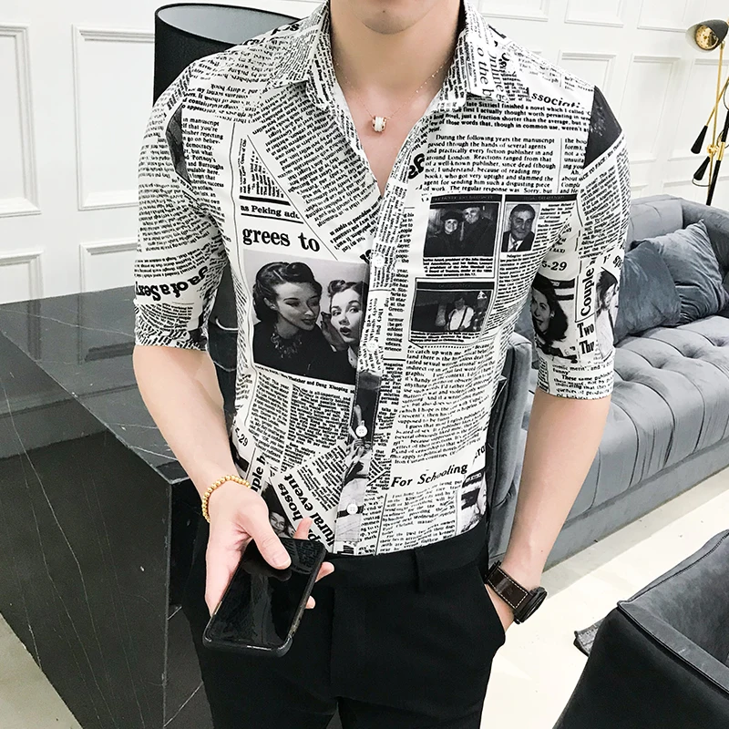 Quality Summer Tuxedo Men's Shirt Fashion Designer Newspaper Print Shirt Half Sleeve Slim Men's Social Party Evening Dress Shirt
Quality Summer Tuxedo Men's Shirt Fashion Designer Newspaper Print Shirt Half Sleeve Slim Men's Social Party Evening Dress Shirt