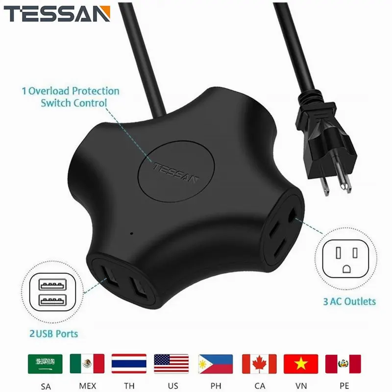 TESSAN Мини Путешествия Мощность пропилен каучука прокладки с 2 Smart Порты USB 3 розетки