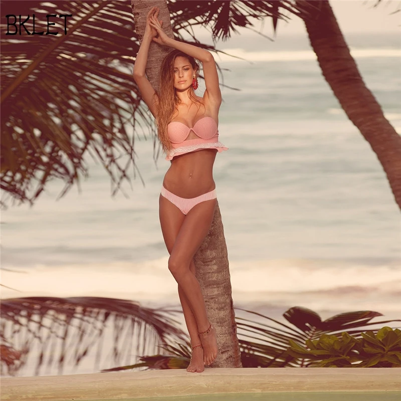 Lace Bikini Women Striped Print Swimwear Push Up Swimsuit Ruffle Biquini Bandeau Bikinis Pink Girl Bathing Suit Beach 2018
Lace Bikini Women Striped Print Swimwear Push Up Swimsuit Ruffle Biquini Bandeau Bikinis Pink Girl Bathing Suit Beach 2018