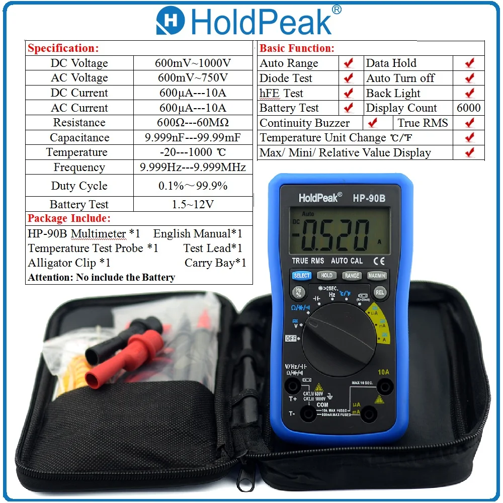 HoldPeak HP-90B True RMS Auto Range Multimerto Digital Multimeter Max/Min Value with Alligator Clip and Carry Bag
HoldPeak HP-90B True RMS Auto Range Multimerto Digital Multimeter Max/Min Value with Alligator Clip and Carry Bag