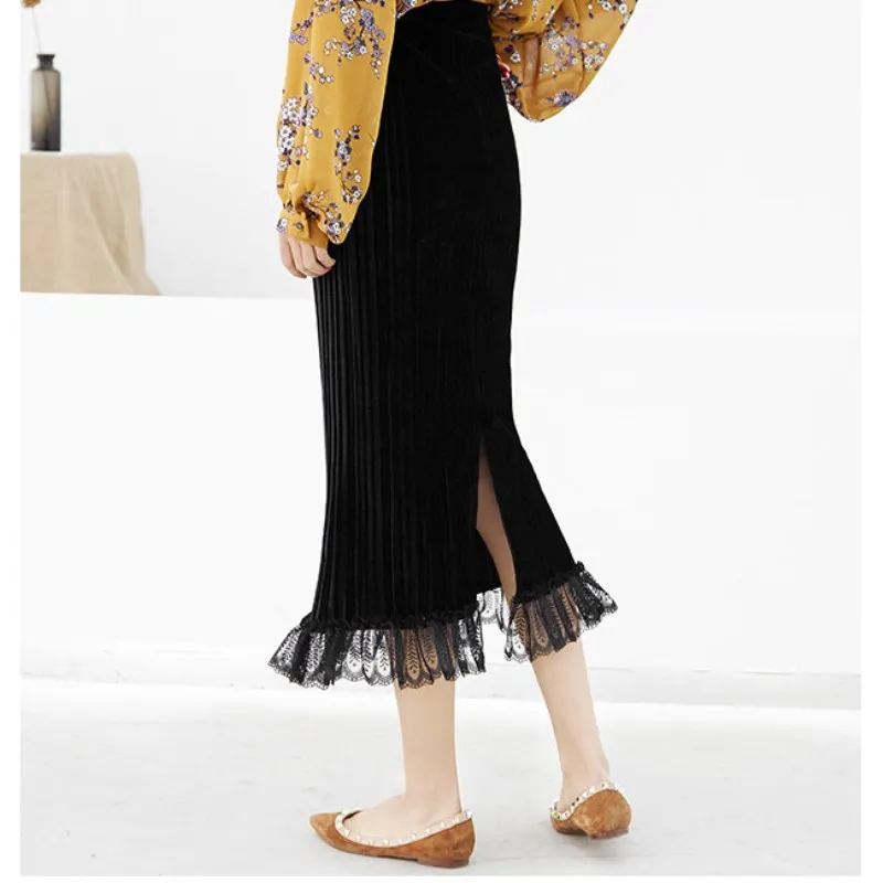 2018 autumn and winter new slim slimming high waist velvet skirt stitching lace split tassel pleated skirt office lady skirt
2018 autumn and winter new slim slimming high waist velvet skirt stitching lace split tassel pleated skirt office lady skirt
