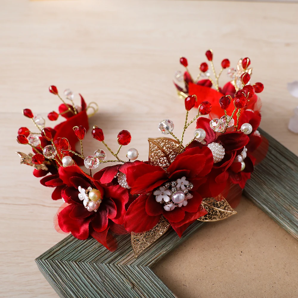 Великолепная красная ободочная корона из пряжи с цветами в виде тиары для волос в золотистом цвете, украшение для волос на свадебную, брачную, праздничную тематику для женщин.