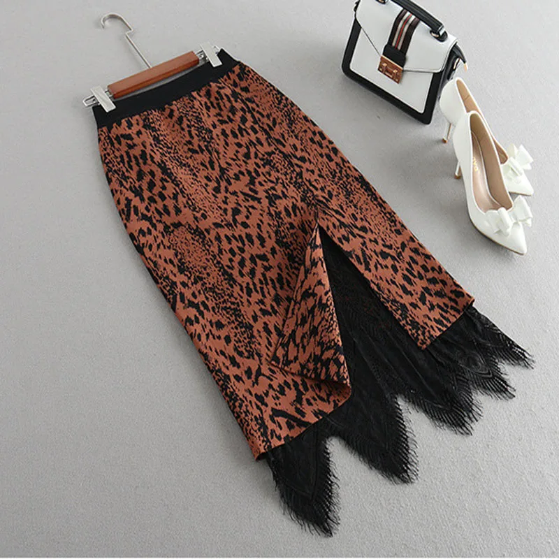 Женские юбки-карандаш с высокой талией весенние вязаные леопардовые кружевные