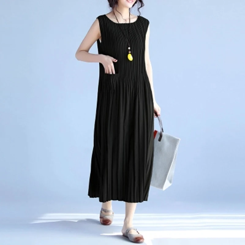 2018 Summer New Style Women Sleeveless Pleated Party Beach Baggy Solid Color Long Dress Female O-Neck Chiffon Dresses F54 | Женская
