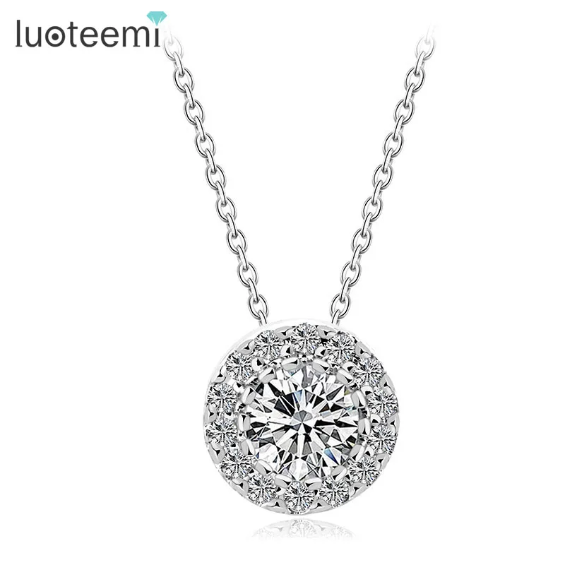 

LUOTEEMI Luxury Quality Shinning Synthetic Halo Pendant Necklaces for Women Tiny Cubic Paved White Gold-Color Factory Sale