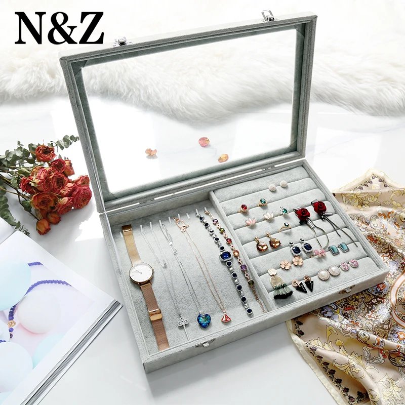 N & Z 2018 бархат Стекло Ювелирные изделия дисплей коробка 35*24*4 5 см Differents шкатулка