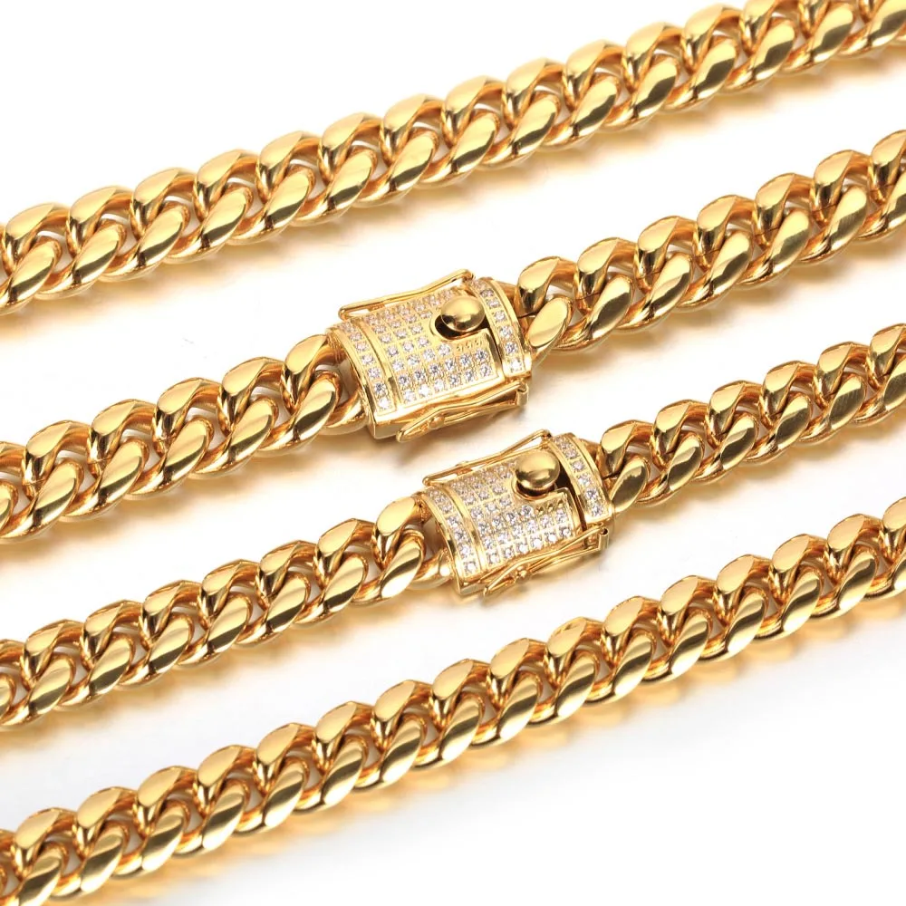 10MM/14MM Cuban Miami Chain Necklace Stainless steel Bling CZ Casting Clasp Iced Out Gold Silver Plated Men Hip hop Jewelry
10MM/14MM Cuban Miami Chain Necklace Stainless steel Bling CZ Casting Clasp Iced Out Gold Silver Plated Men Hip hop Jewelry