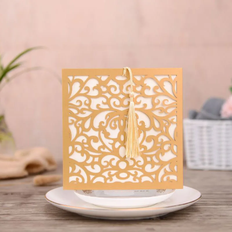 50pcs Gold Laser Cut Wedding Invitations Card Square Flower Greeting Cards Customize with Tassel Wedding Party Favor Decoration
50pcs Gold Laser Cut Wedding Invitations Card Square Flower Greeting Cards Customize with Tassel Wedding Party Favor Decoration