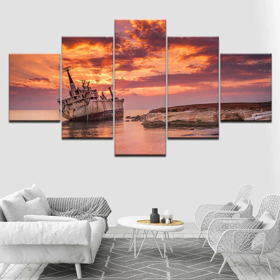 

ship on sea and sunset seascape 5 Piece Wallpapers Art Canvas Print modern Poster Modular art painting for Living Room Decor