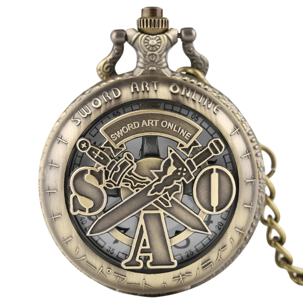 

Antique Pocket Watch Vintage Bronze Sword Art Online Chain Pocket Watch Necklace Pendant Mens Christmas Gift