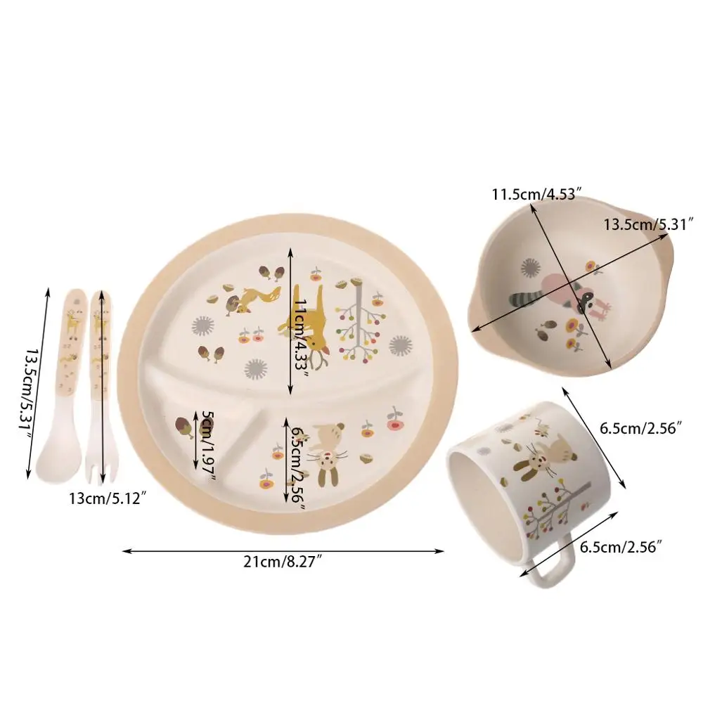 High Quality 5pcs Baby Feeding Bowl Plate Forks Spoon Cup Dinnerware Set Bamboo Tableware MAY21-C