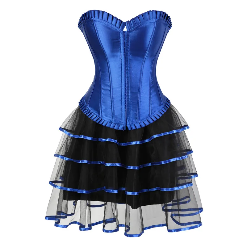 Sexy Blue Overbust Corset Dress Skirt set Burlesque Corsets and Bustiers Lingerie Top With Mini Skirt Plus Victorian Costumes 
Sexy Blue Overbust Corset Dress Skirt set Burlesque Corsets and Bustiers Lingerie Top With Mini Skirt Plus Victorian Costumes