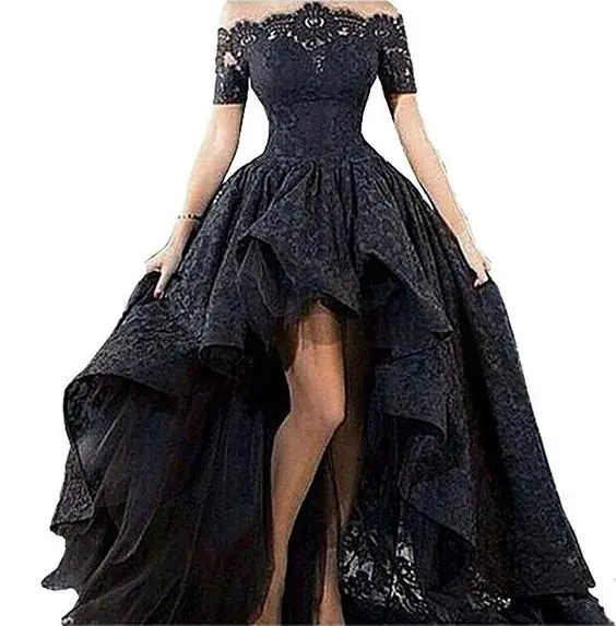 Elegant Black Wedding Dresses Off the Shoulder Lace Designer High Low Ball Gowns short Front Black Appliques Bridal Dresses Hot
Elegant Black Wedding Dresses Off the Shoulder Lace Designer High Low Ball Gowns short Front Black Appliques Bridal Dresses Hot