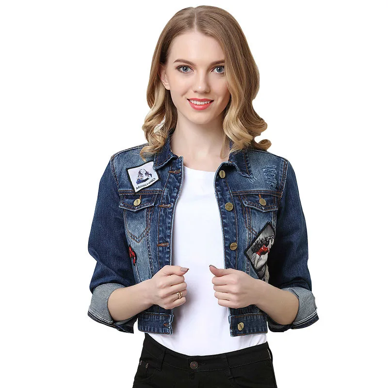 Женская укороченная синяя джинсовая куртка с вышивкой Jaqueta feminina Ms. casual ripped