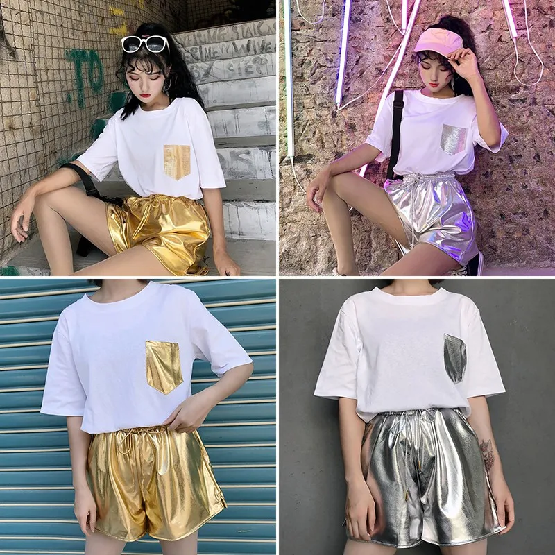 Women 2 pcs Set Harajuku Style Summer Fashion Solid Color Short Sleeve Tshirt O-Neck Top + Drawstring PVC Reflective Shorts Set
Women 2 pcs Set Harajuku Style Summer Fashion Solid Color Short Sleeve Tshirt O-Neck Top + Drawstring PVC Reflective Shorts Set