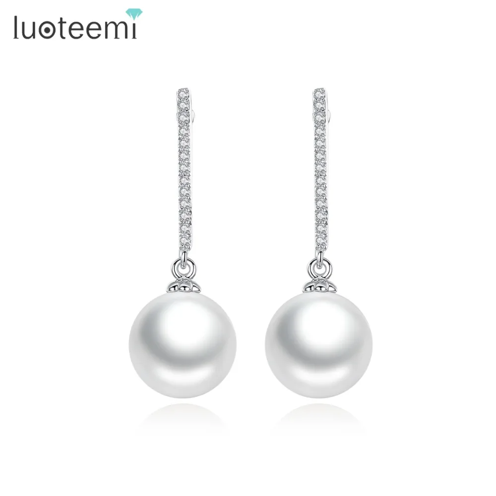 

LUOTEEMI Fashion Female Models Long Tiny CZ Crystal Line with Round White Imitation Pearl Drop Dangle Earrings Brinco Jewelry