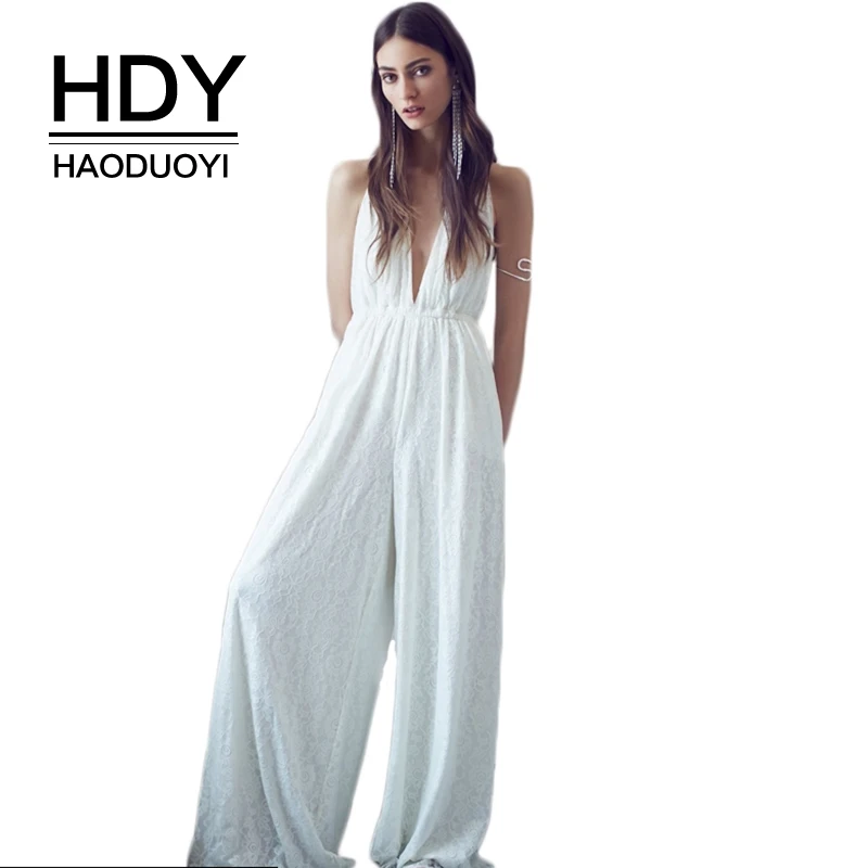 Женский комбинезон HDY Haoduoyi белый с глубоким вырезом бантом на спине широкими