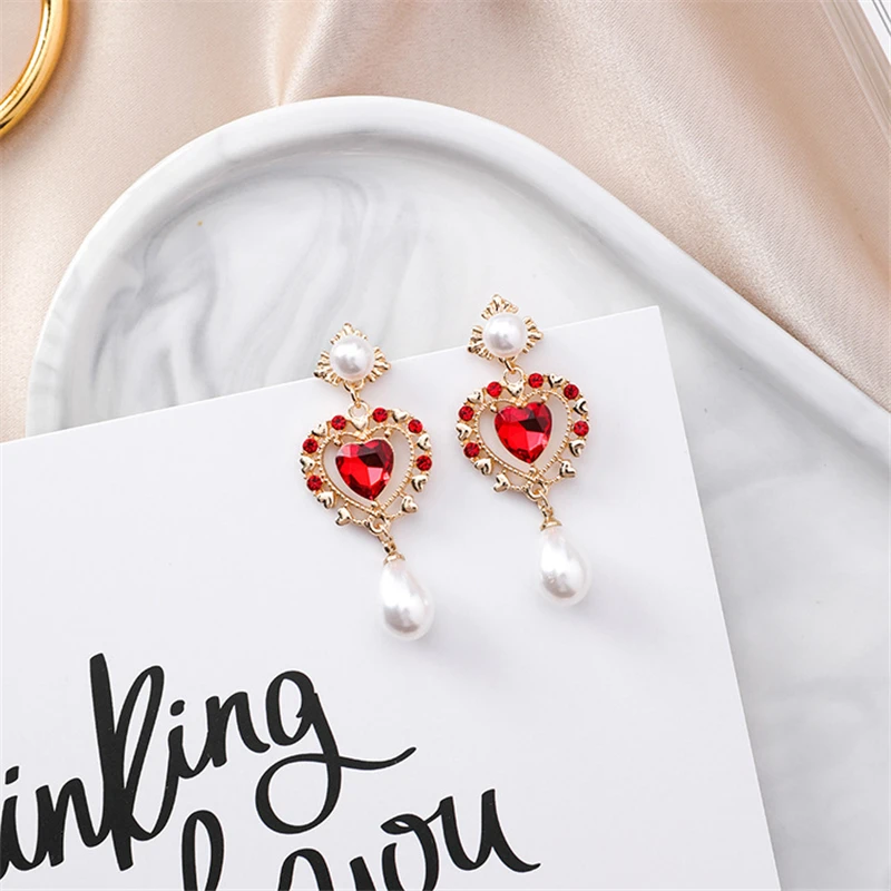 New Baroque Vintage Fashion Statement Jewelry Colorful Crystal Long Earrings For Women Simulated Pearl Love Heart Drop Pendiente | Украшения