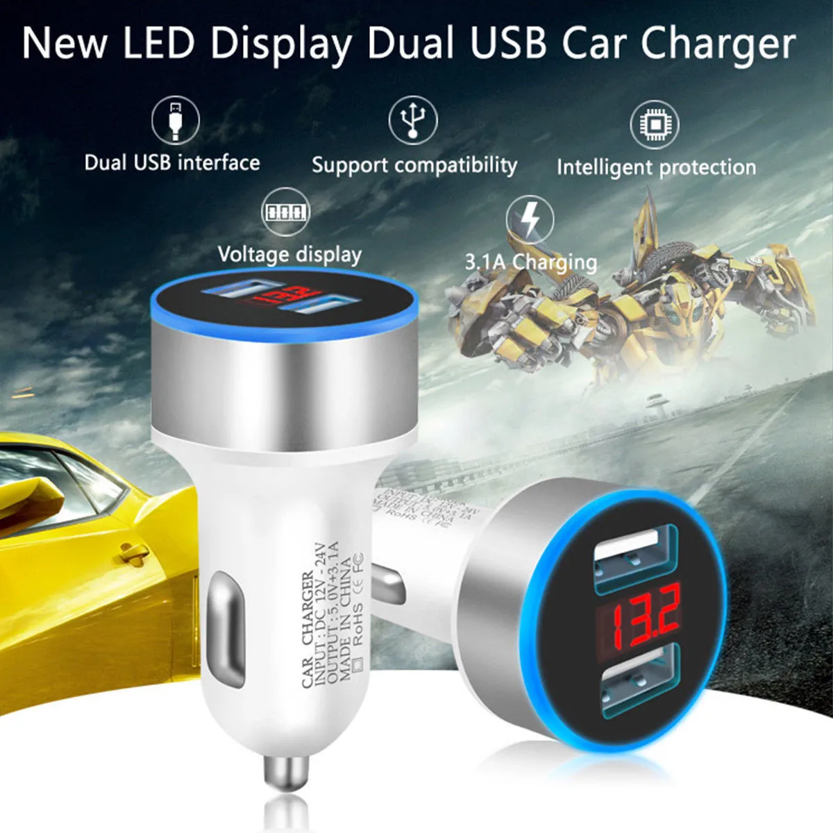 Автомобильное зарядное устройство с двумя USB-портами для iPhone Samsung 12-24 В 3 1 А