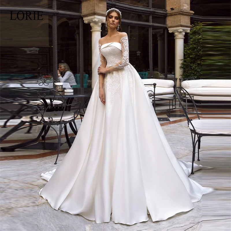 LORIE 2019 A-line Wedding Dress Satin Reflective with Lace Appliques Long Sleeve Court Train vestido de noiva Custom Bridal Gown
LORIE 2019 A-line Wedding Dress Satin Reflective with Lace Appliques Long Sleeve Court Train vestido de noiva Custom Bridal Gown