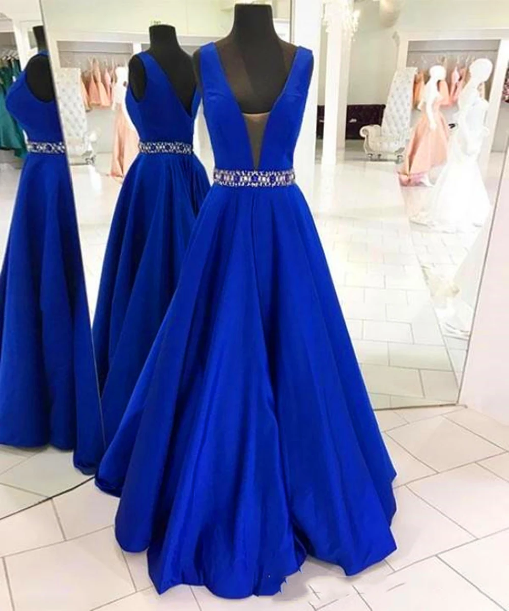 Gorgeous A Line Blue Evening Dress Plunging V Neck Sleeveless Evening Gowns Crystals Waist Long Formal Prom Party Gowns
Gorgeous A Line Blue Evening Dress Plunging V Neck Sleeveless Evening Gowns Crystals Waist Long Formal Prom Party Gowns
