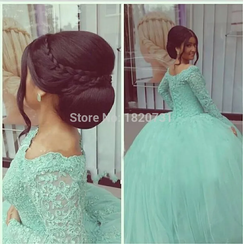 2020 New Sexy Long Sleeves Mint Green Quinceanera Dresses Ball Gowns with Tulle Appliques Sweet 15 Dresses Vestidos De 15
2020 New Sexy Long Sleeves Mint Green Quinceanera Dresses Ball Gowns with Tulle Appliques Sweet 15 Dresses Vestidos De 15