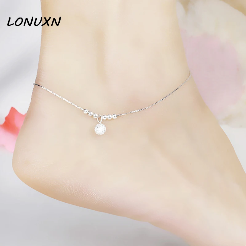 

21cm+3cm Frosted beads Anklet Fine Jewelry Genuine 925 Sterling Silver Anklets Women Fashion Jewelry Anklet female models simple
