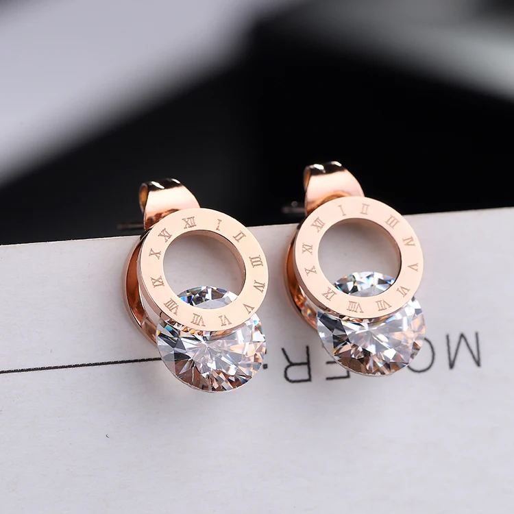 

YUN RUO Simple & Fashion Roman Number Zircon Stud Earring Rose Gold Color Woman Birthday Gift Titanium Steel Jewelry Never Fade