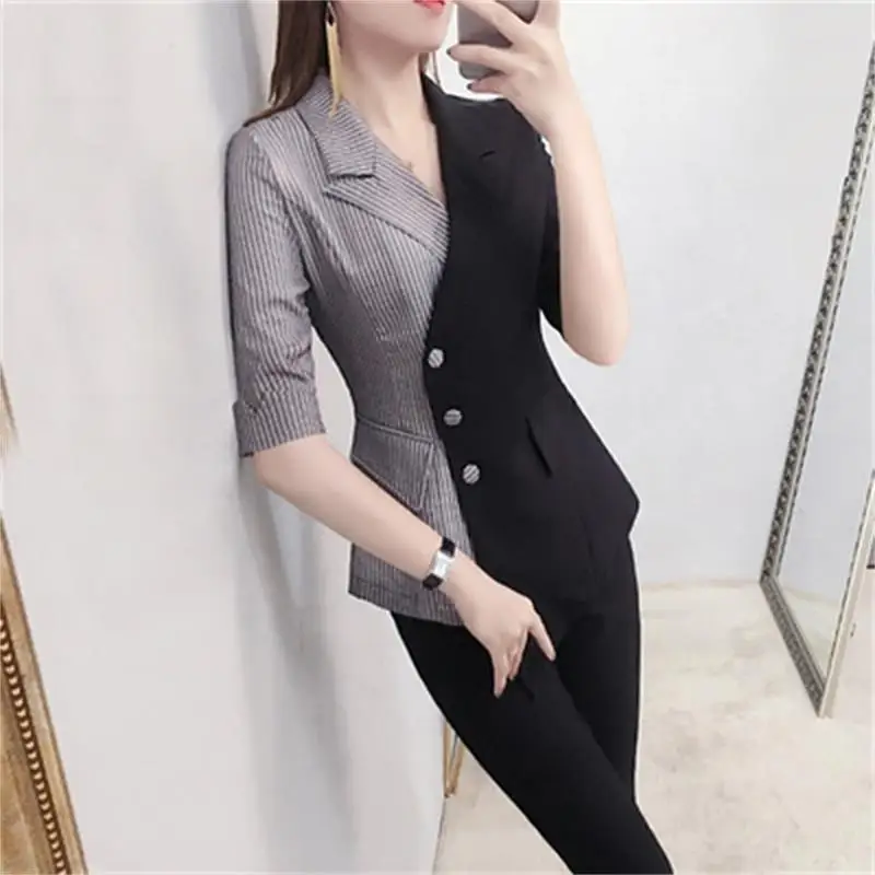 Fashion Pant suit women summer New High end British style irregular striped Casual suit + pants two-piece suit women OL suit
Fashion Pant suit women summer New High end British style irregular striped Casual suit + pants two-piece suit women OL suit