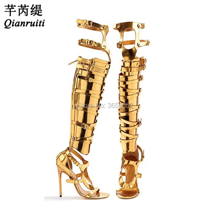 

Qianruiti Metallic Buckle Strappy Gladiator Sandals Black Silver Gold Thigh High Boots Summer High Heels Cut Outs Shoes Woman