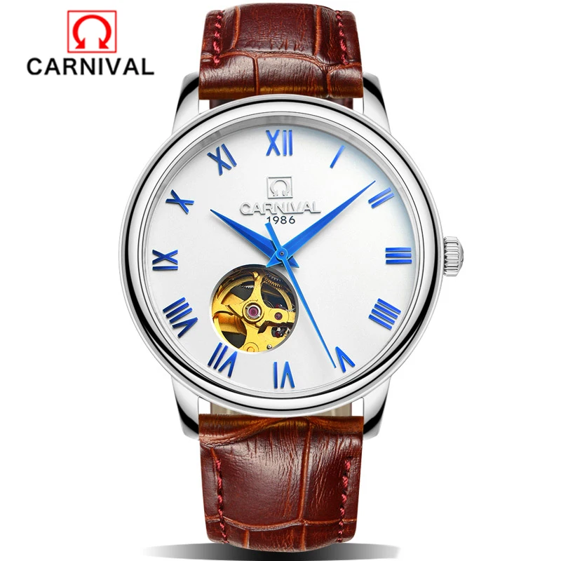 

Luxury Brand Carnival Hollow Mechanical Watches Men Stainless Steel Import Movement Leather Strap Blue Dial Wristwatch Waterproo