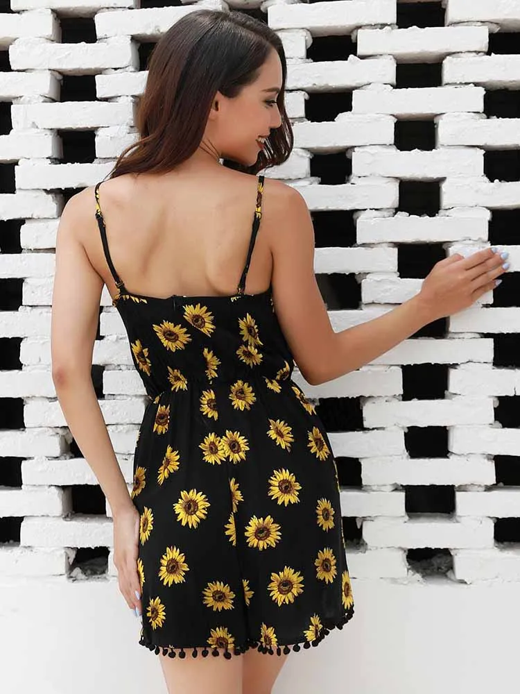 yinlinhe Black Sunflower Short Jumpsuit Women Rompers Strap Playsuit Summer Overalls For Ladies Boho Casual Outfits 1131 | Женская