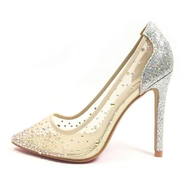 Silver Bling Bling Crystal Women's High Heel Pumps Sexy Pointed toe Mesh Wedding Dress Shoes Stiletto Heels 12CM Lady Pumps
Silver Bling Bling Crystal Women's High Heel Pumps Sexy Pointed toe Mesh Wedding Dress Shoes Stiletto Heels 12CM Lady Pumps