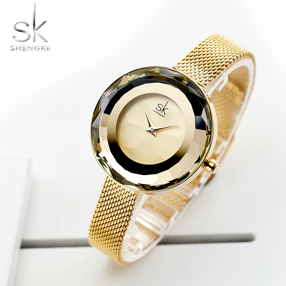 Женские кварцевые часы Shengke SK модные с золотыми стальными сетчатыми
