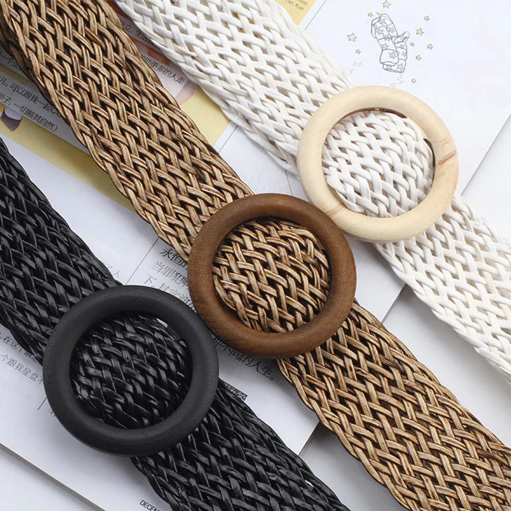1Pc New Fashion Solid Belt With Round Wooden Buckle Summer Boho Wide Braided Woven Straw Female Knitted Chain On Pants Hot | Аксессуары