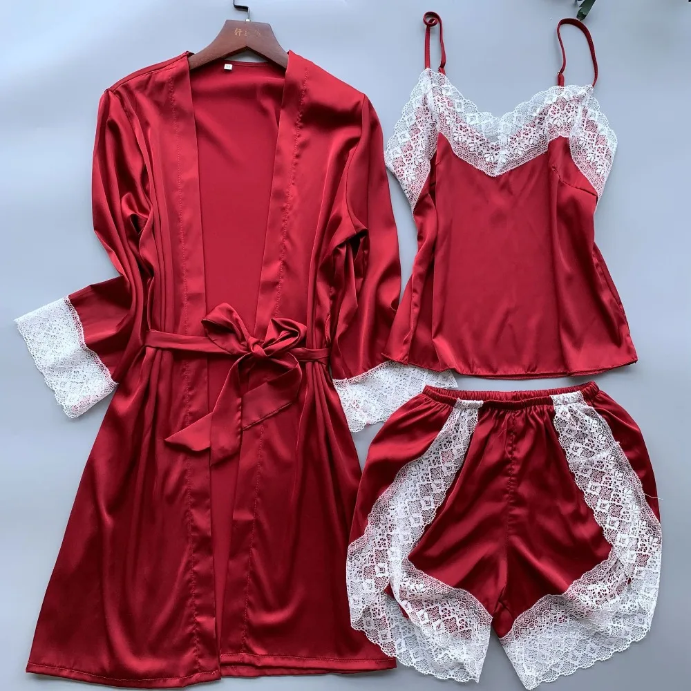 Spring Autumn Women Sexy Silk Satin Sleepwear Set Lace Pajama Set 3 Pieces Robe+Slip Top+short Pant Fashion Nightwear Homewear
Spring Autumn Women Sexy Silk Satin Sleepwear Set Lace Pajama Set 3 Pieces Robe+Slip Top+short Pant Fashion Nightwear Homewear