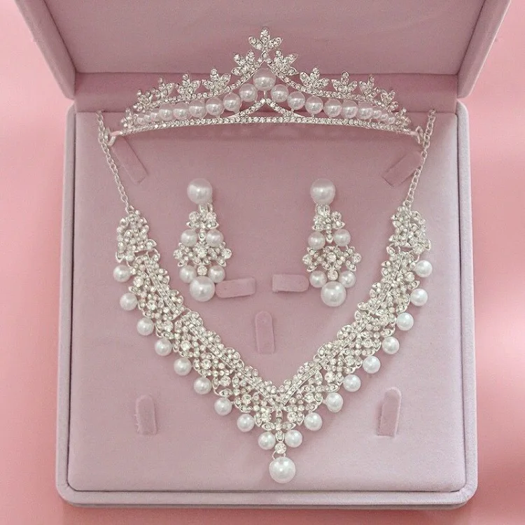 

Bride Pearl Costume jewelery sets New Design Crystal Rhinestone Choker Necklace Earrings Tiara Bridal Women Wedding Jewelry Set