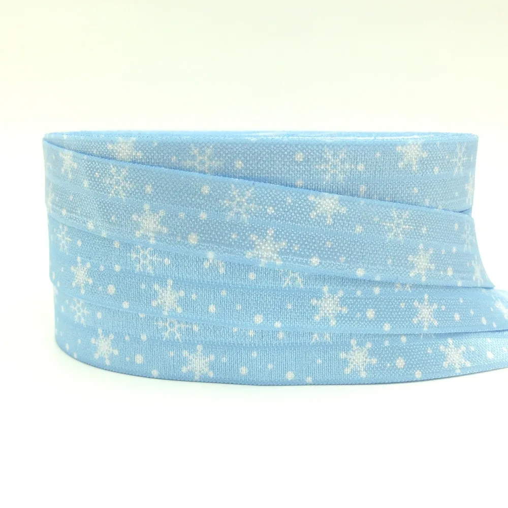 

10Y 5/8" Merry Chirstmas FOE Elastic Blue Ribbon Snow Point Snowflake Printed Fold Over Elastic for Hair Accessory DIY Headwear