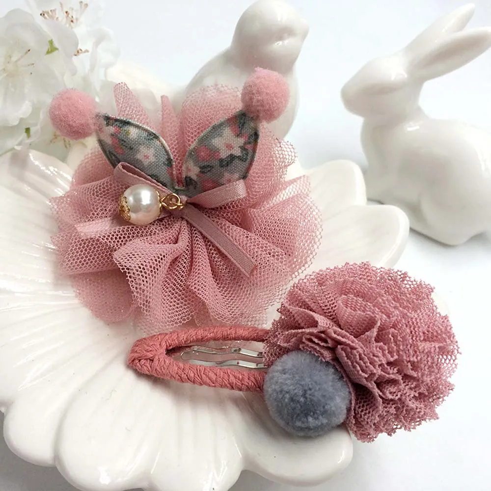 2 pc/set Mix Style Girls' Hairclips Rabbit Bunny Ear Voile Bow with Crystal Handmade Children's Fashionable Hair Accessories |