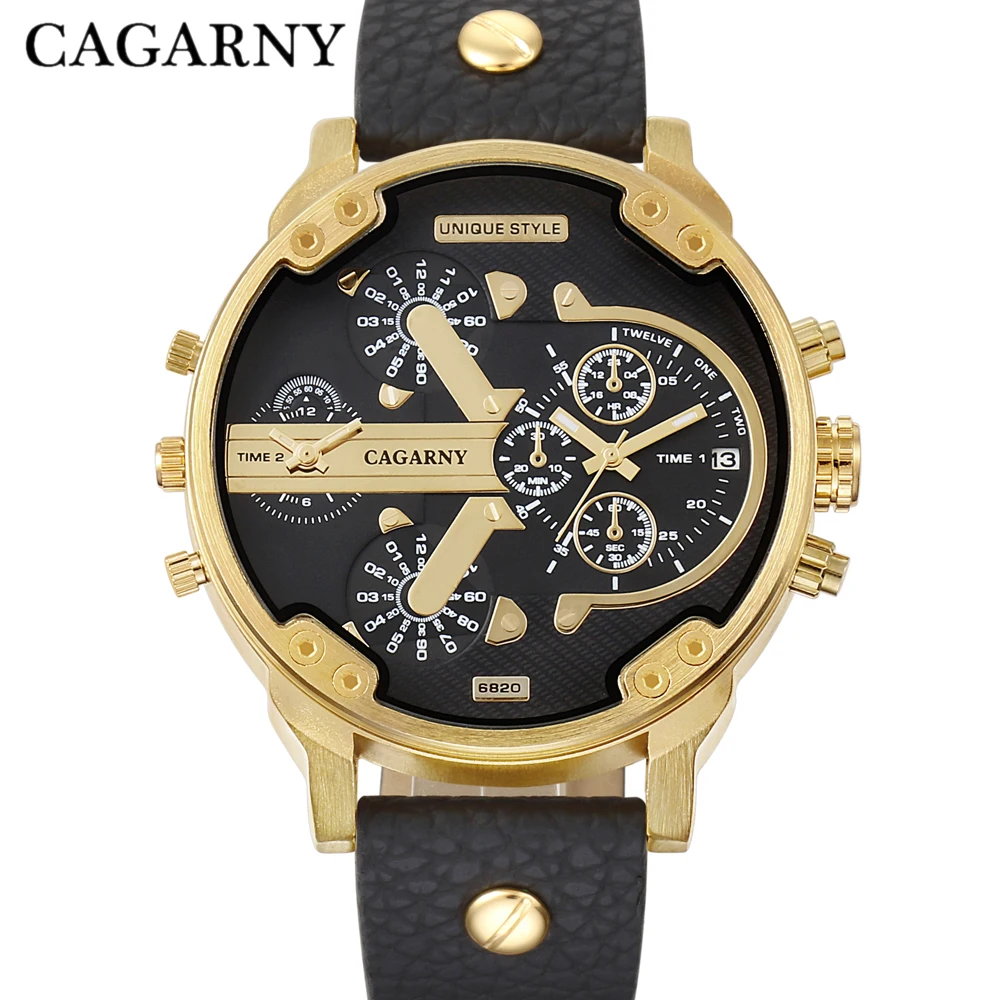 

Cagarny Mens Watches Man Black Leather Sports Quartz Watch Men Gold Male Clock Date Dual Display Military Relogio Masculino XFCS