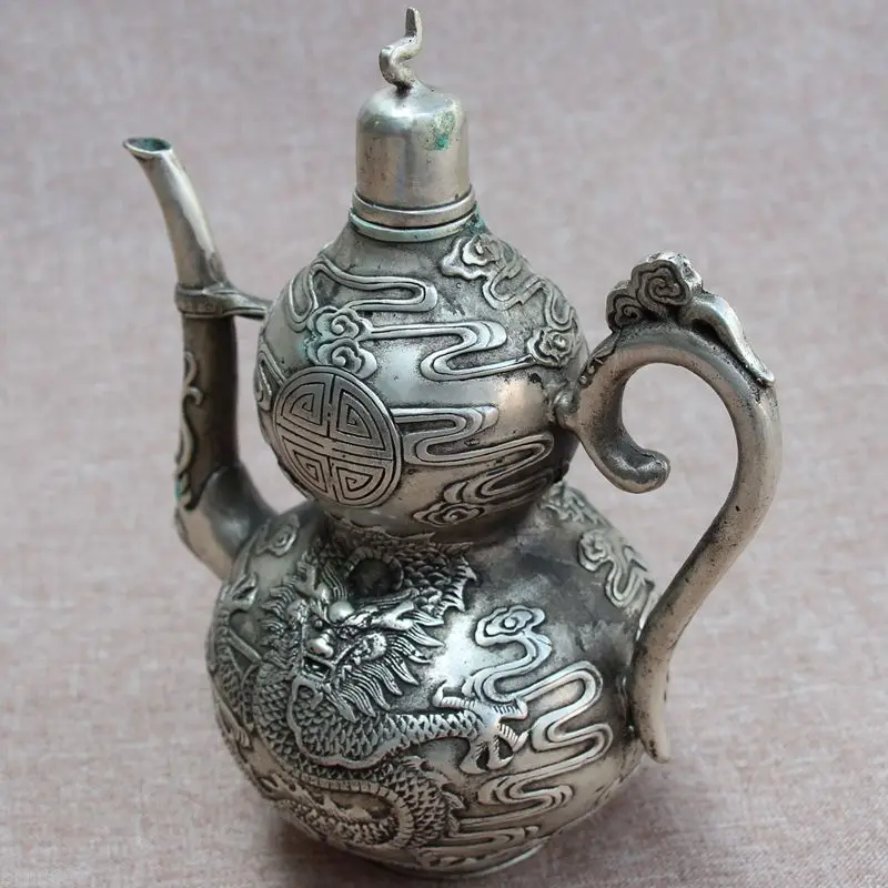 Old China White Brass Carving Dragon Pattern Gourd Wine pot Teapot Statue | Дом и сад
