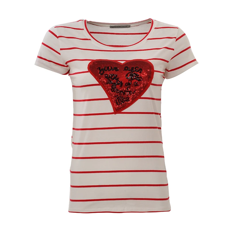 GLO-STORY Women Summer Striped T-shirt 2018 Casual Clothing Printed T shirt With Sequined O-neck Femme Top tees WPO-3325 | Женская