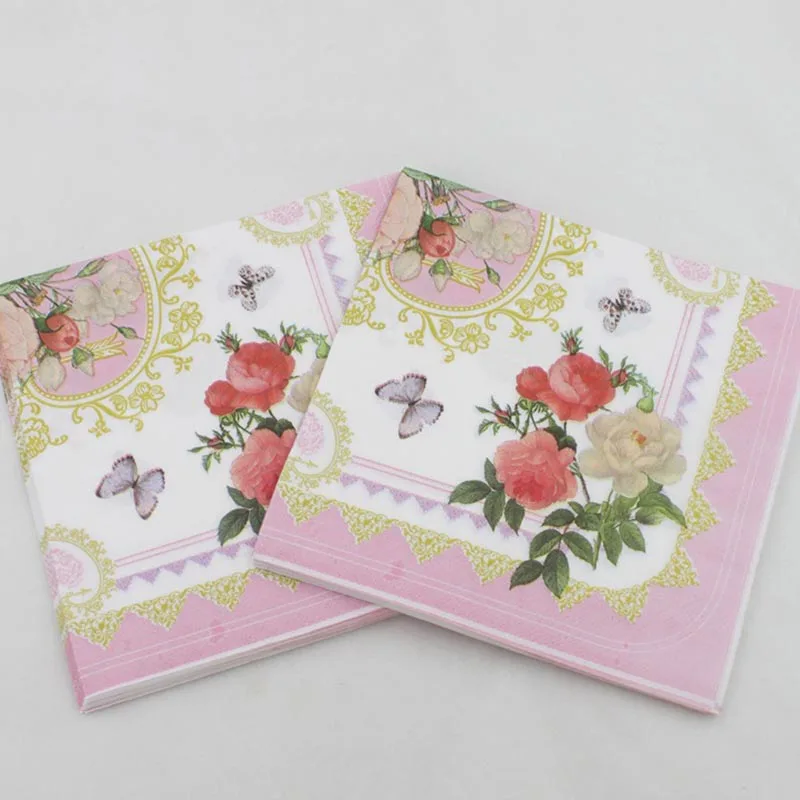 

20pcs/set Flower Pink Paper Napkins Disposable Napkin Party Supply Simple Tissue 33*33CM Food-grade Tableware For Party Supply
