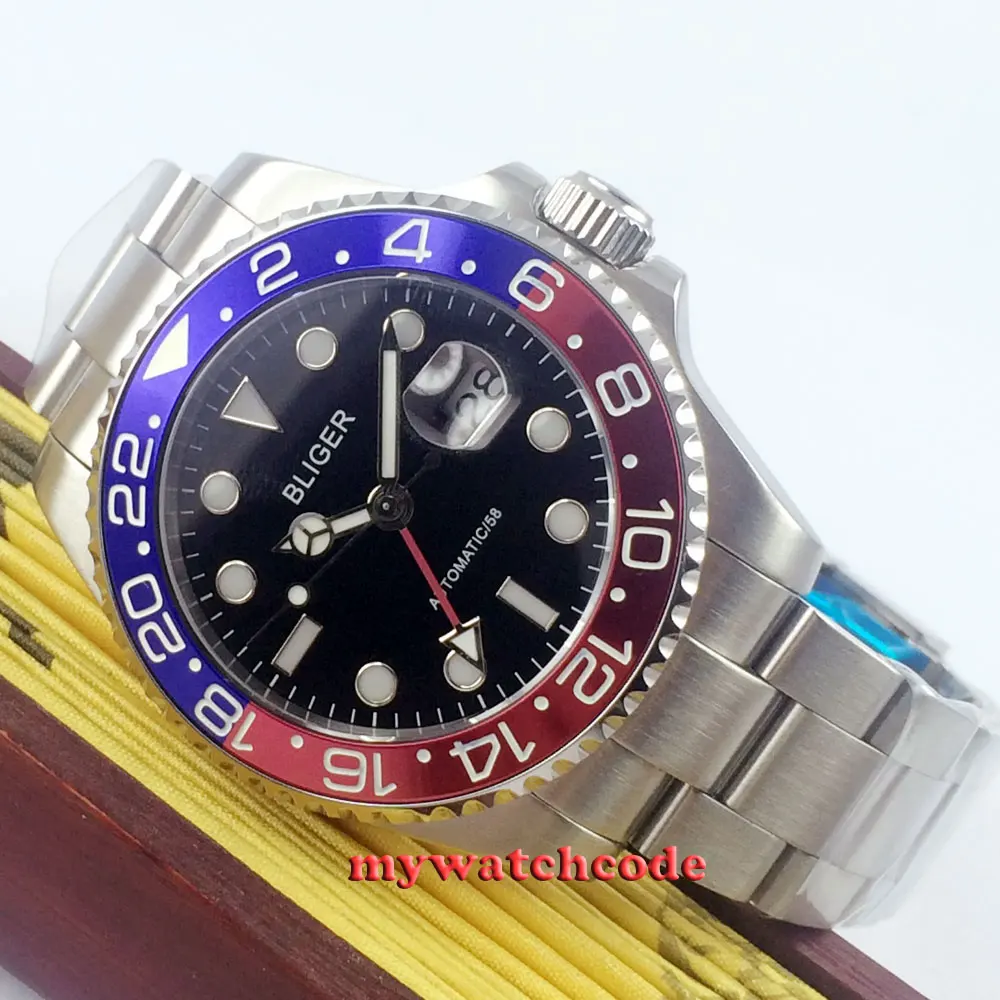 43mm Bliger Black Dial GMT Sapphire Glass Automatic Mens Watch Auto Date Oyster Bracelet Ceramic Bezel P5
43mm Bliger Black Dial GMT Sapphire Glass Automatic Mens Watch Auto Date Oyster Bracelet Ceramic Bezel P5