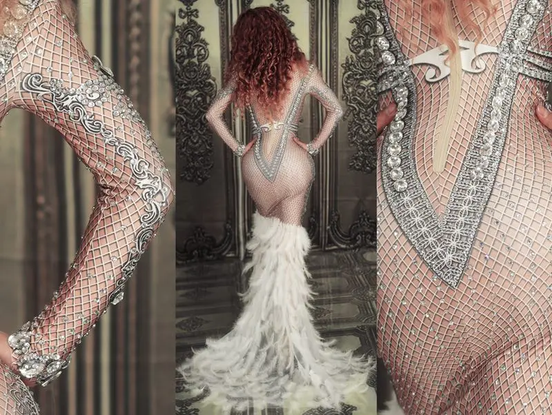 Women New Sparkly Crystals Sexy Long Trains Feather Dress Birthday Celebrate Stones Dress Fringes Costume Dance Outfit Dress
Women New Sparkly Crystals Sexy Long Trains Feather Dress Birthday Celebrate Stones Dress Fringes Costume Dance Outfit Dress