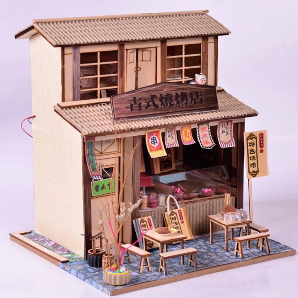 1/24 DIY деревянный кукольный домик миниатюрные наборы античный барбекю ресторан с
