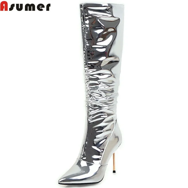 ASUMER 2021 fashion women boots pointed toe zipper silvery ladies boots sexy super high thin heel knee high boots big size 32-43
ASUMER 2021 fashion women boots pointed toe zipper silvery ladies boots sexy super high thin heel knee high boots big size 32-43