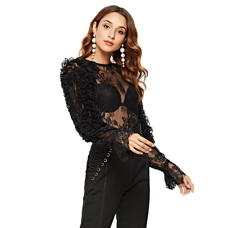 New autumn blouse Flower Lace Sexy perspective hollowed round collar black and white long sleeved shirt female
New autumn blouse Flower Lace Sexy perspective hollowed round collar black and white long sleeved shirt female