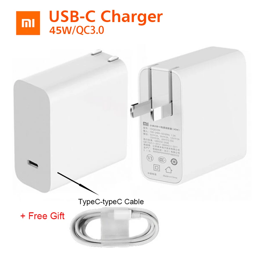 

Original Xiaomi Mi USB-C Charger 45W Smart Output Power Adapter Type-C Port USB PD 2.0 Quick Charge QC 3.0 With USB-C And Cable